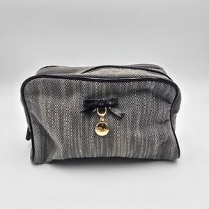 Dior Cosmetic Bag Toiletry Pouch Black White Tweed Bow Gold Charm Makeup